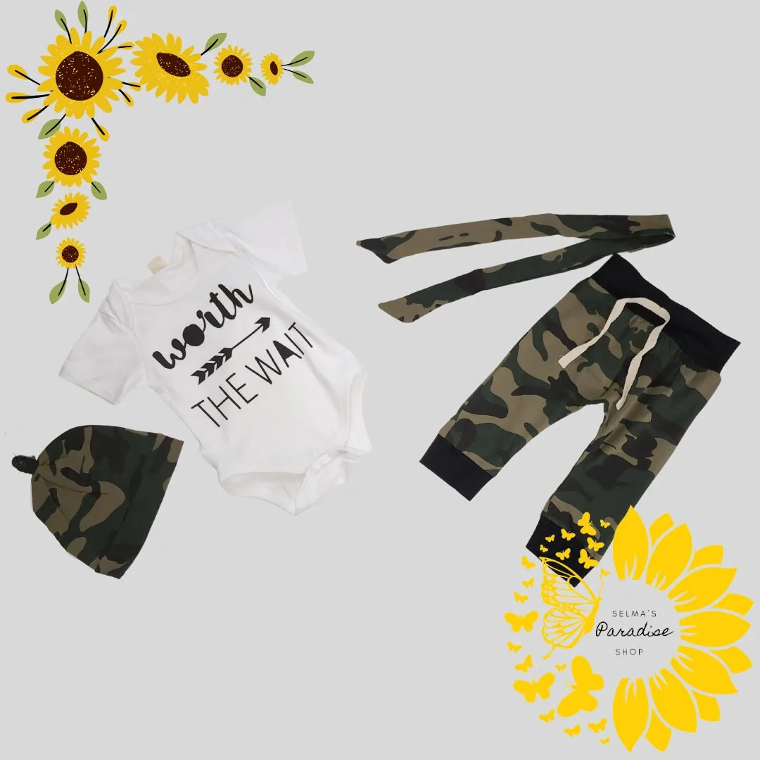 3 Pcs Baby Boy Rompers, Tops pants Hat Outfits, Baby Boy Sets, Pattern Rompers, Baby Boy Camouflage Rompers, Baby Gift Set, Custom Gift