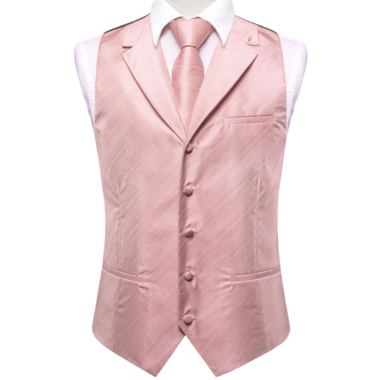 Baby Pink Solid Jacquard Silk Men's Vest Hanky Cufflinks Tie Set
