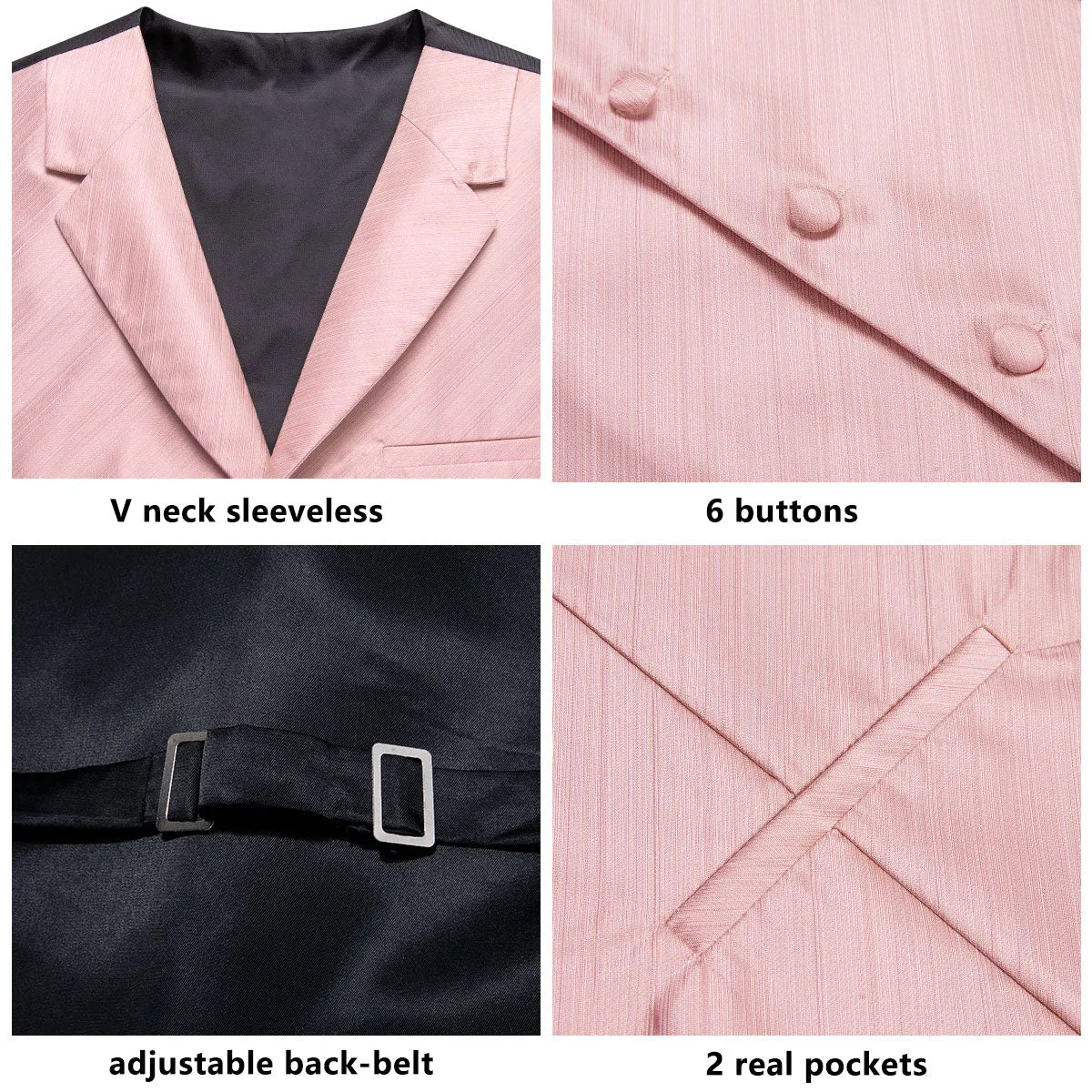 Baby Pink Solid Jacquard Silk Men's Vest Hanky Cufflinks Tie Set