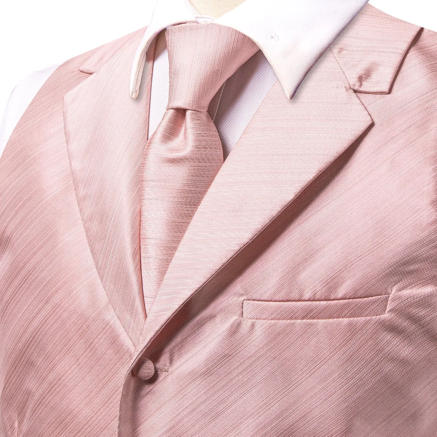Baby Pink Solid Jacquard Silk Men's Vest Hanky Cufflinks Tie Set