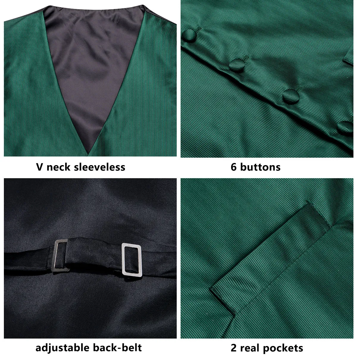 Dark Green Solid Jacquard Silk Men's Vest Hanky Cufflinks Tie Set