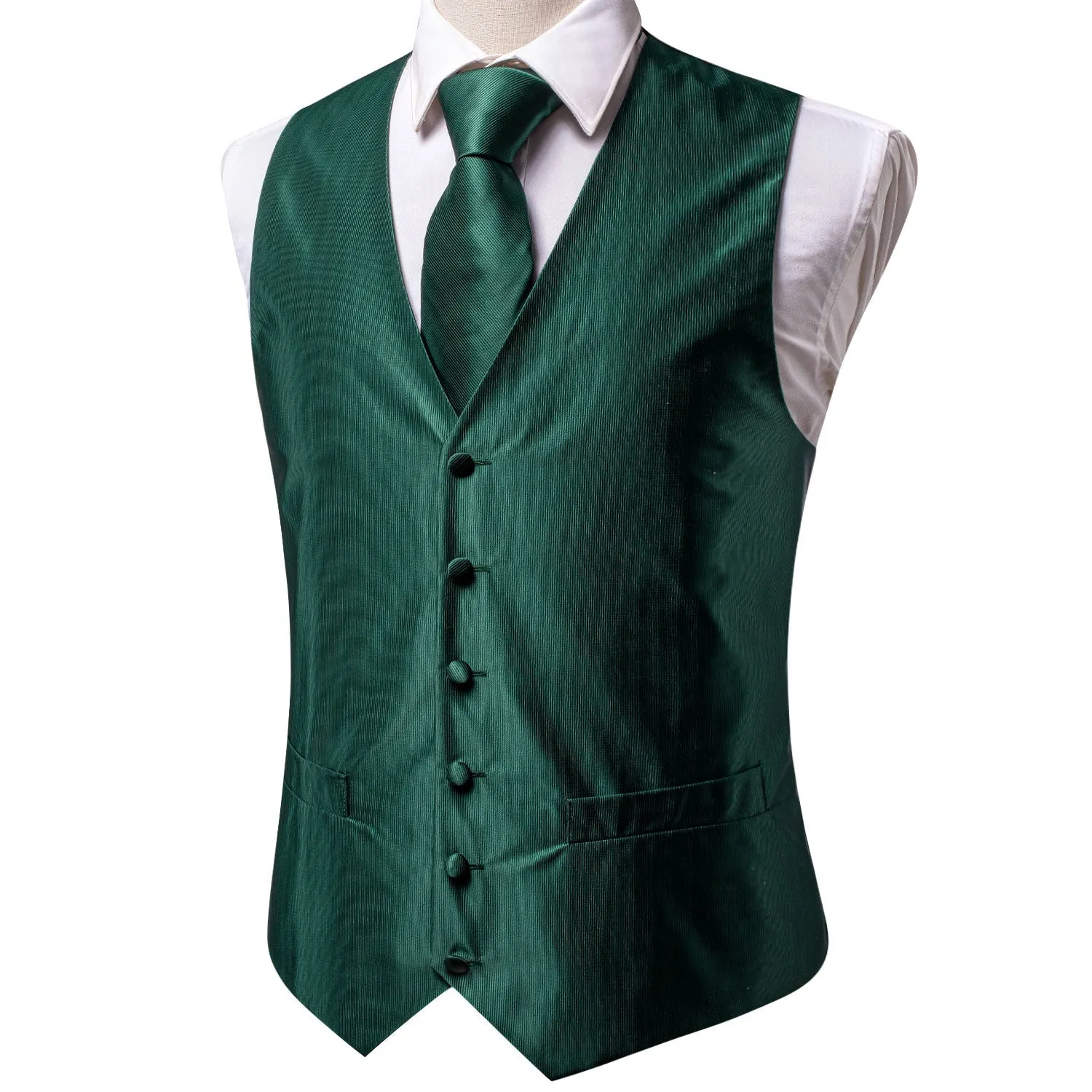 Dark Green Solid Jacquard Silk Men's Vest Hanky Cufflinks Tie Set