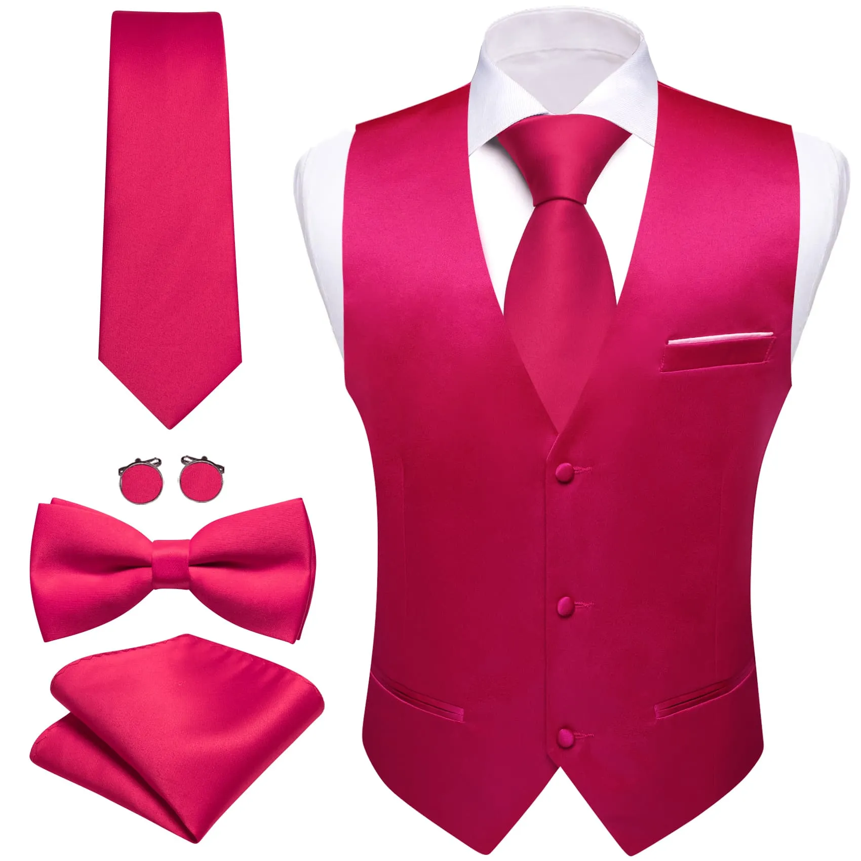 Ties2you Work Vest Cerise Pink Solid Mens Dress Vest Necktie Bowtie Set 5PC