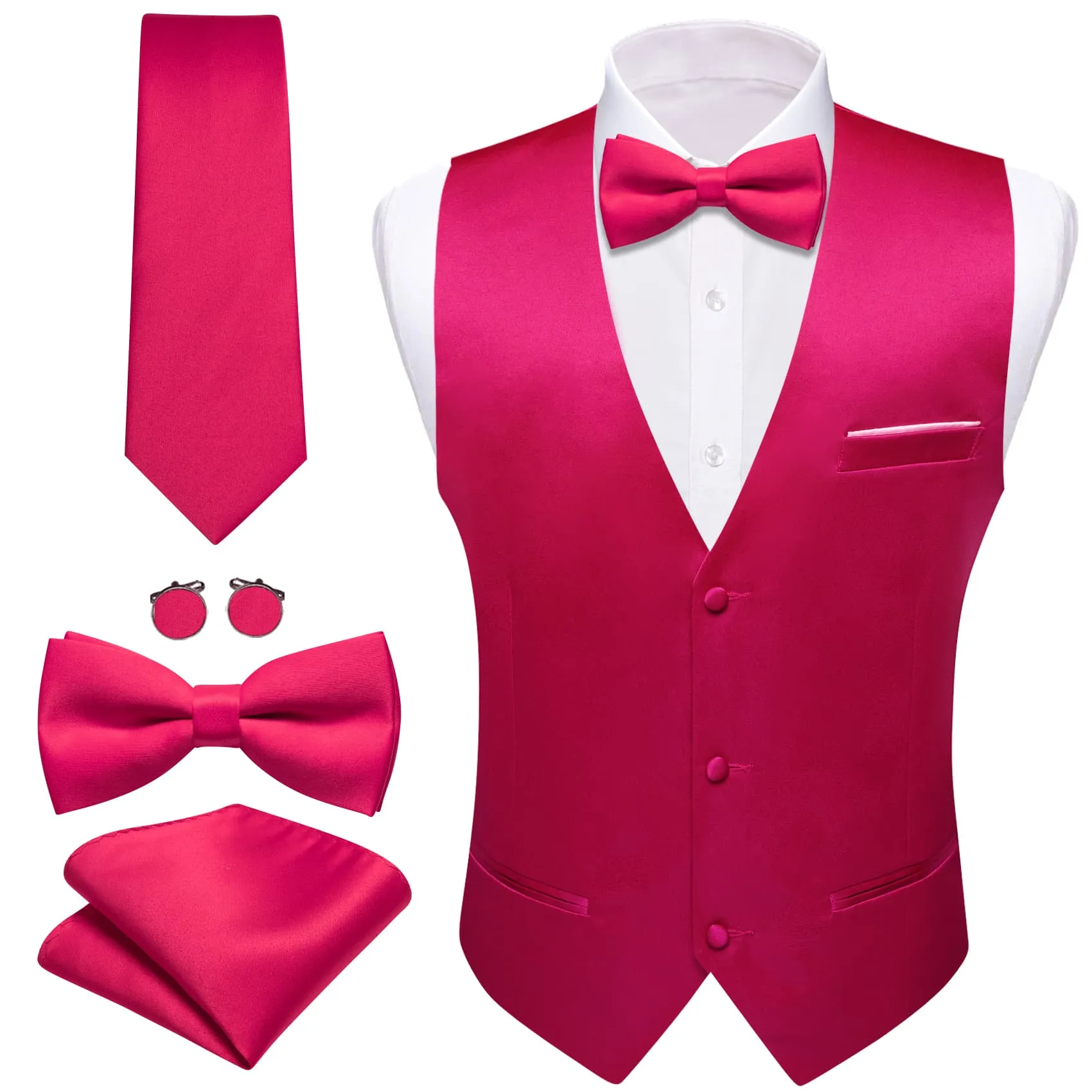 Ties2you Work Vest Cerise Pink Solid Mens Dress Vest Necktie Bowtie Set 5PC