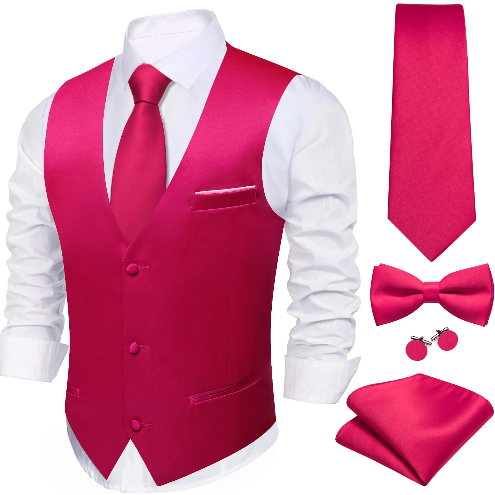 Ties2you Work Vest Cerise Pink Solid Mens Dress Vest Necktie Bowtie Set 5PC