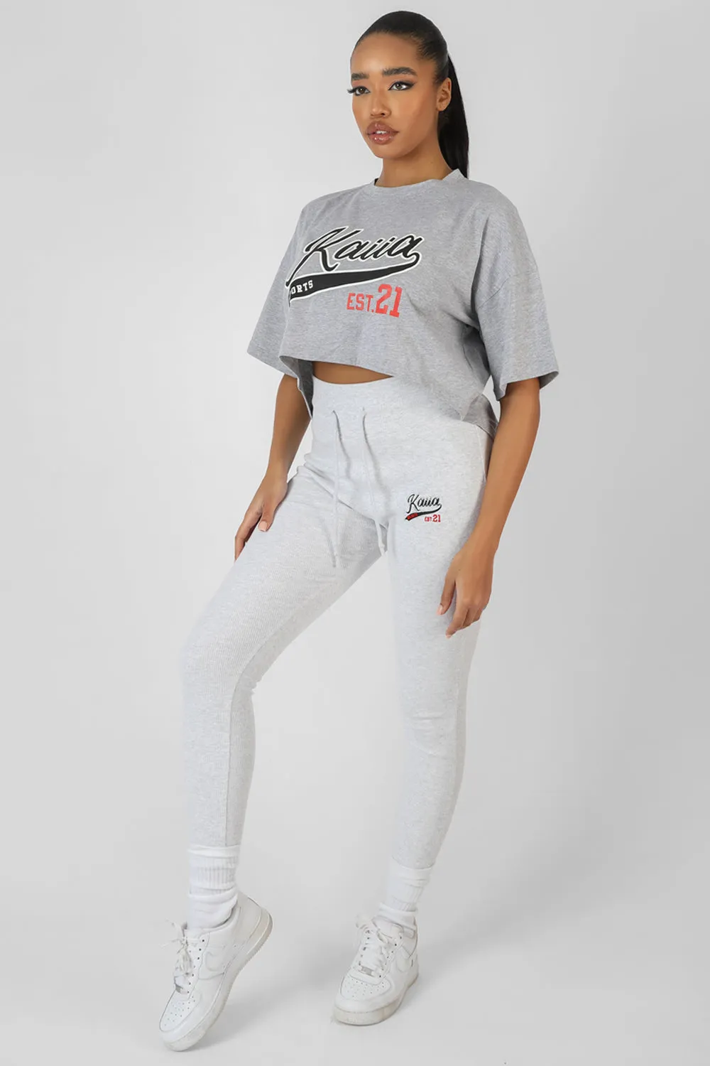 Varsity Embroidery Cropped T-Shirt Grey Marl