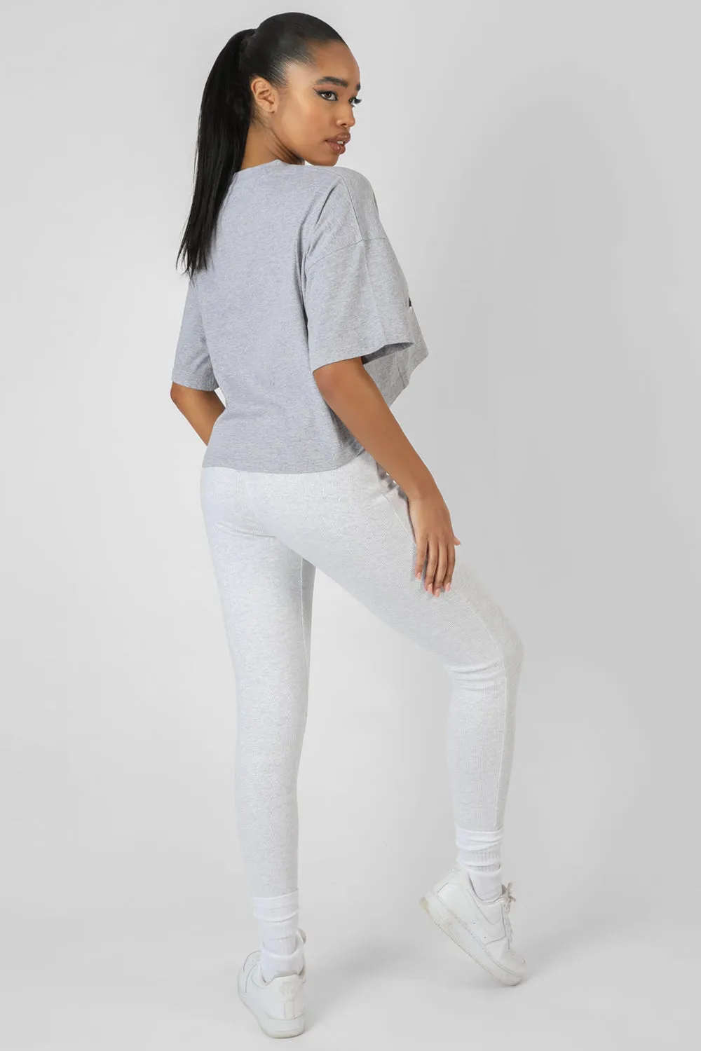 Varsity Embroidery Cropped T-Shirt Grey Marl