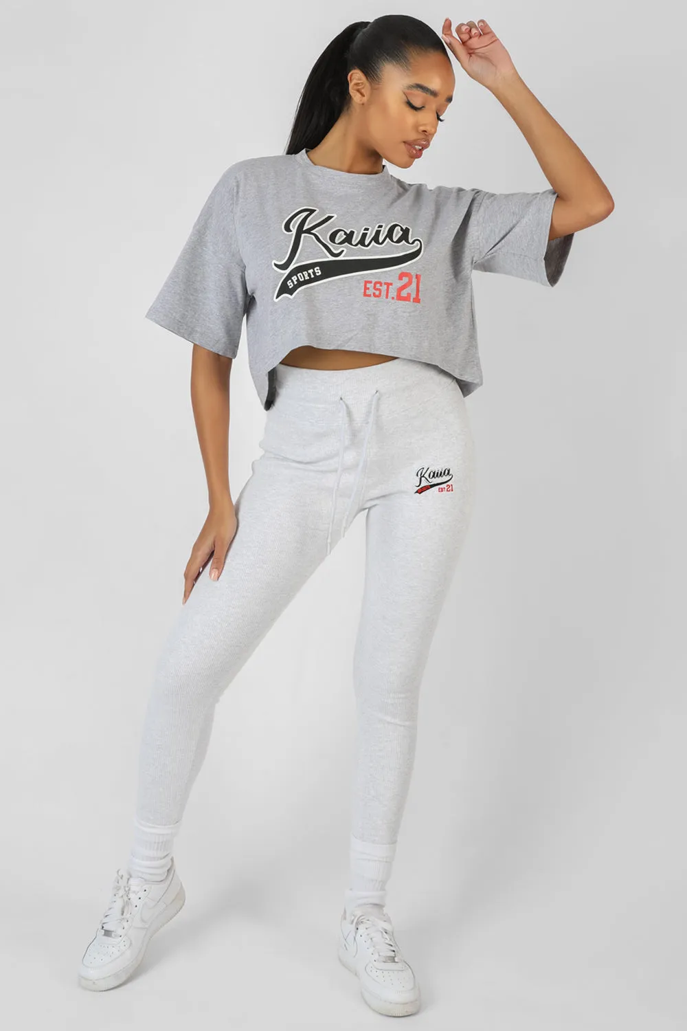 Varsity Embroidery Cropped T-Shirt Grey Marl